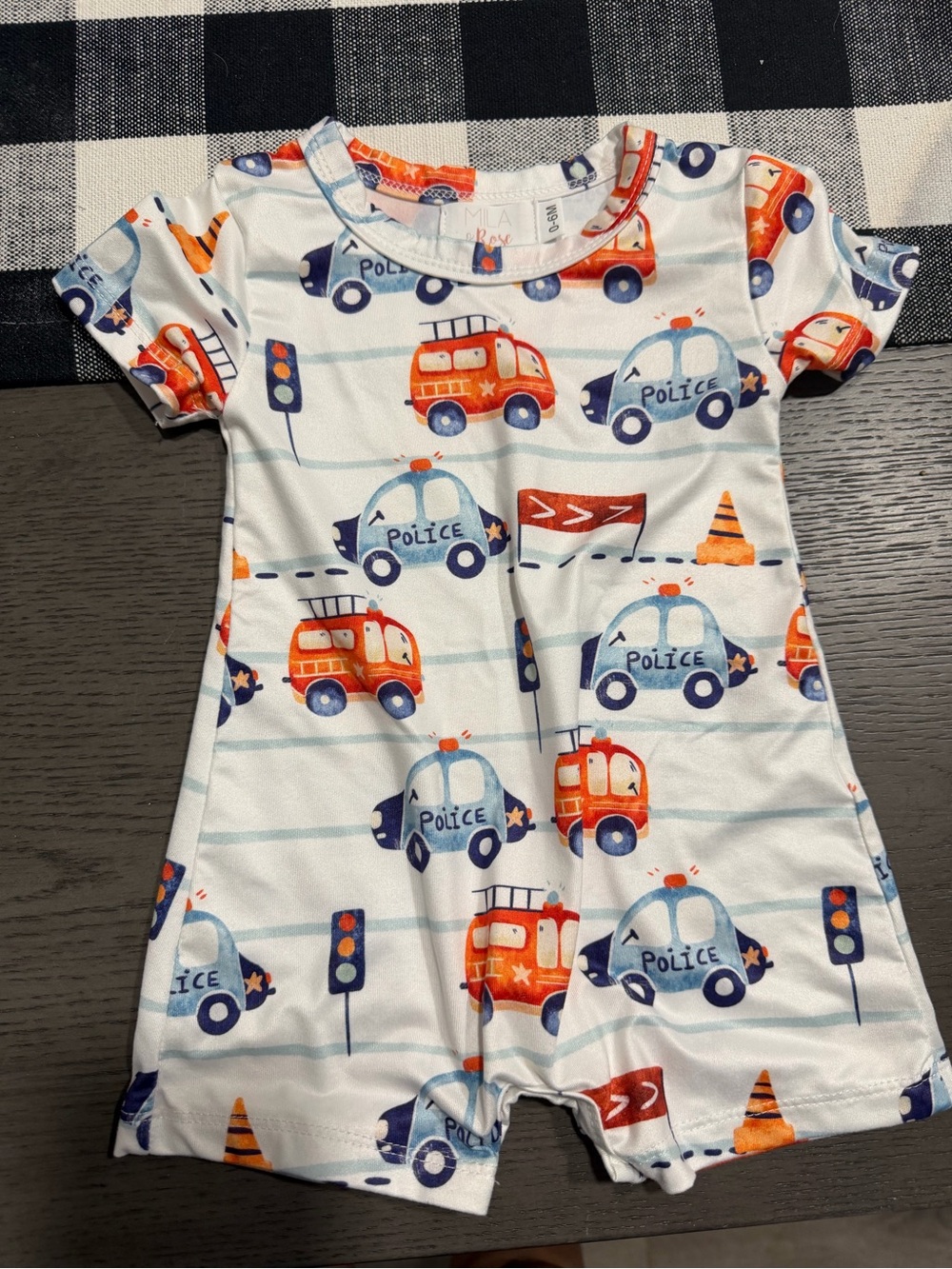 Kids Police & Firetruck Short Sleeve One-Piece Romper - White/Blue/Orange